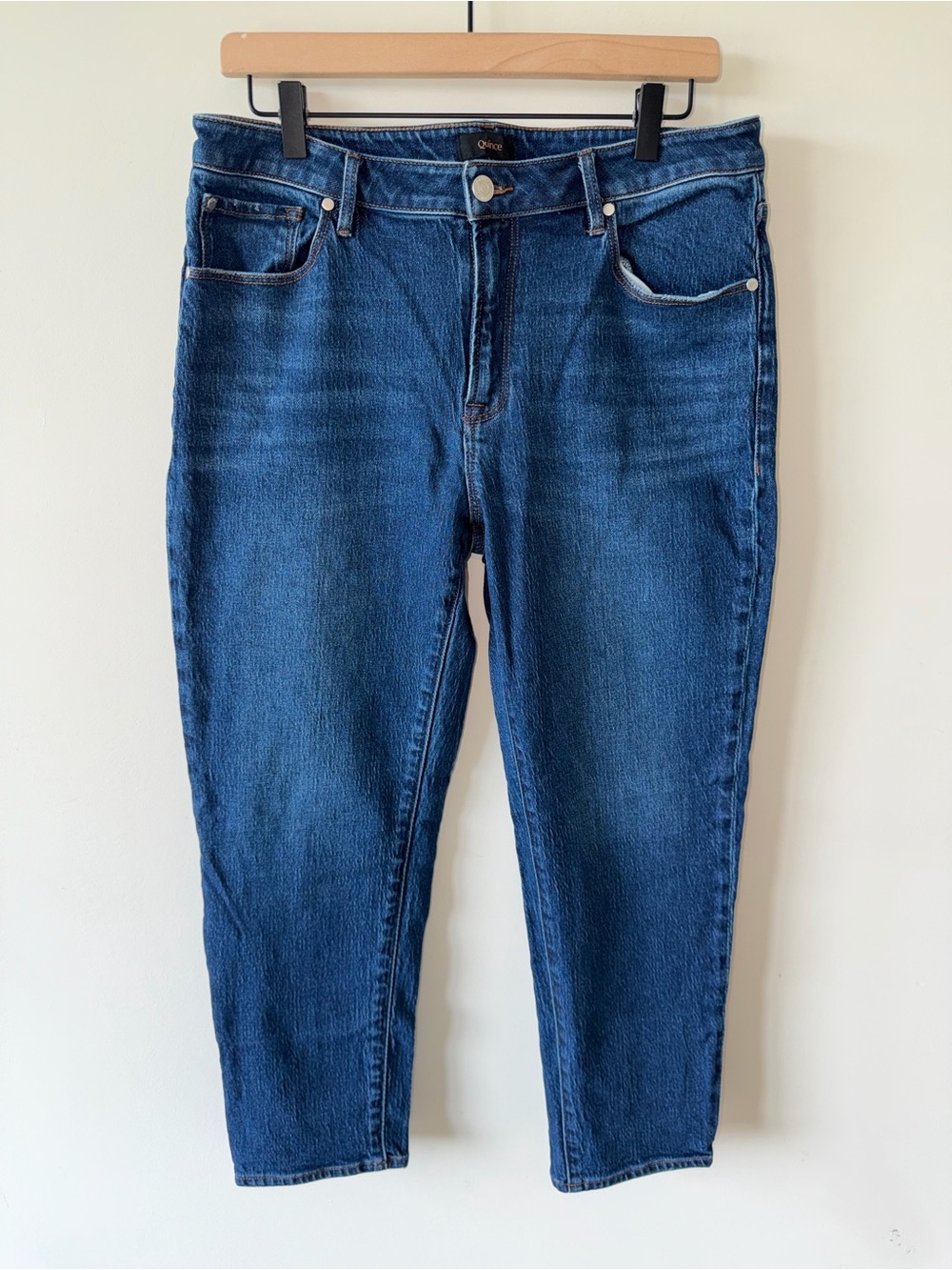 Quince Comfort Stretch Mid Rise Slim Boyfriend Jeans in Dark Wash